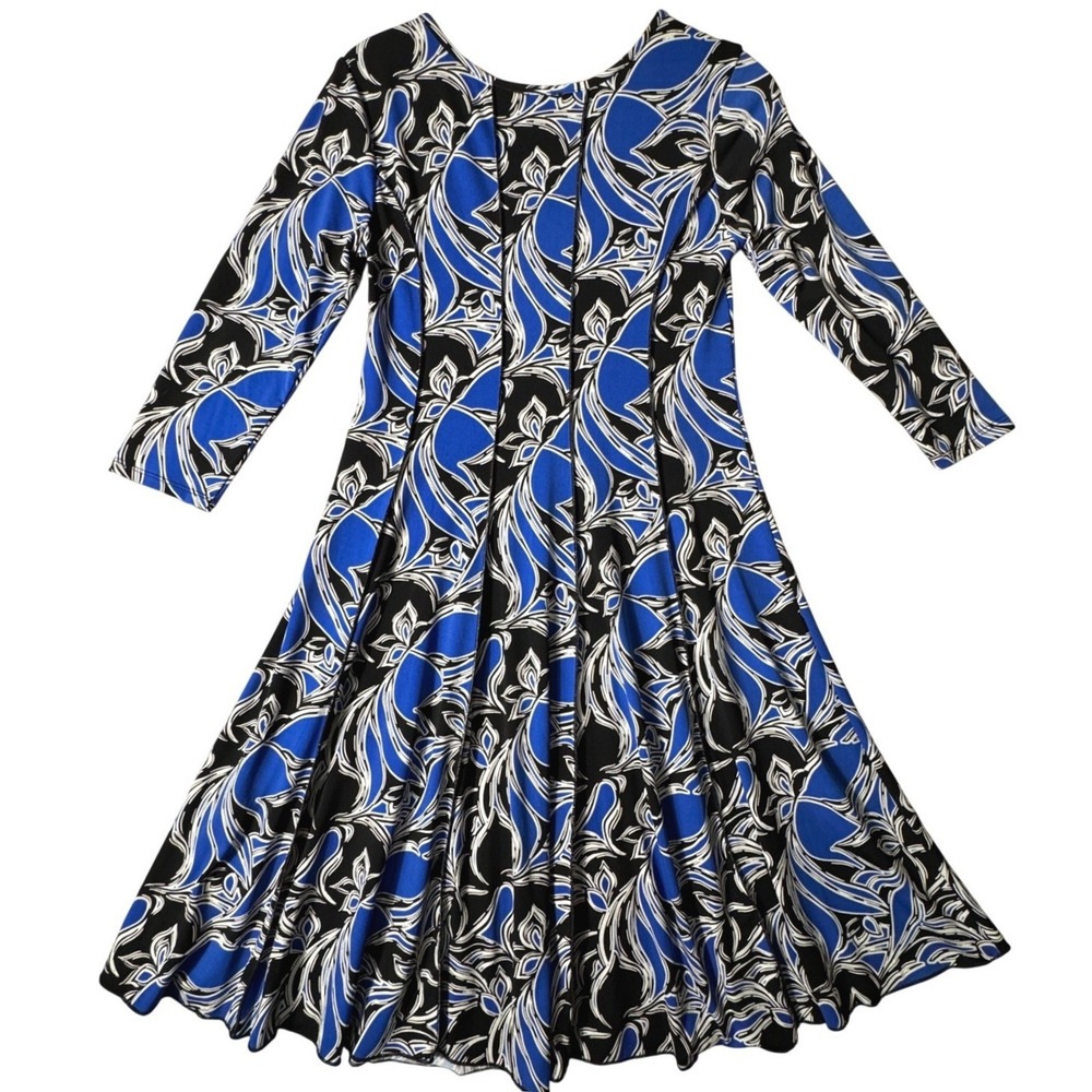 Sami‎ & Jo Womens Y2K Blue Black White Floral Print Midi Dress Size S 3/4 Sleeve